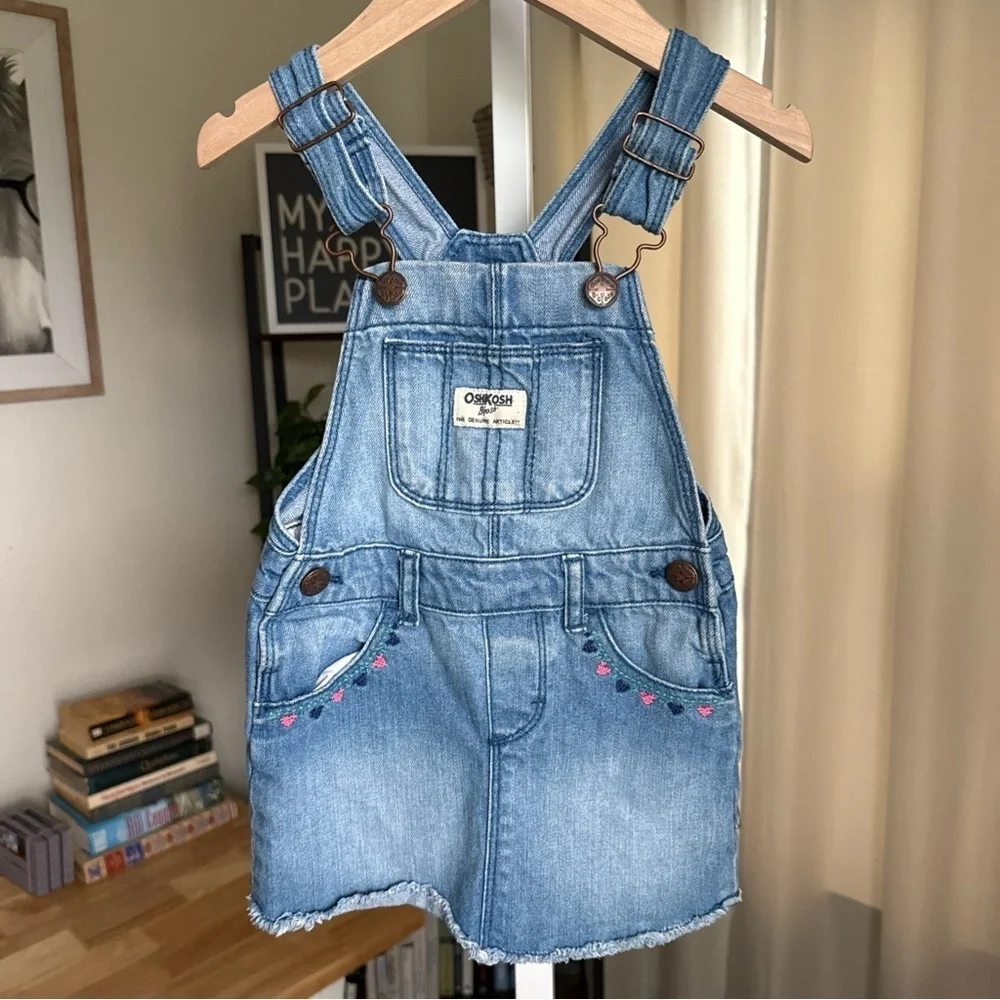 Girls OshKosh Denim Bib Overall Skirt Size 2T Embroidered Dress